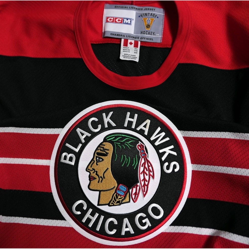 MINT! CCM Chicago Blackhawks 75th Vintage Hockey Jersey Barber Pole Mens XXL